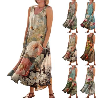 Летние повседневные платья для женщин, сарафан без рукавов с цветочным принтом, плиссированная футболка, хлопковое платье с карманами