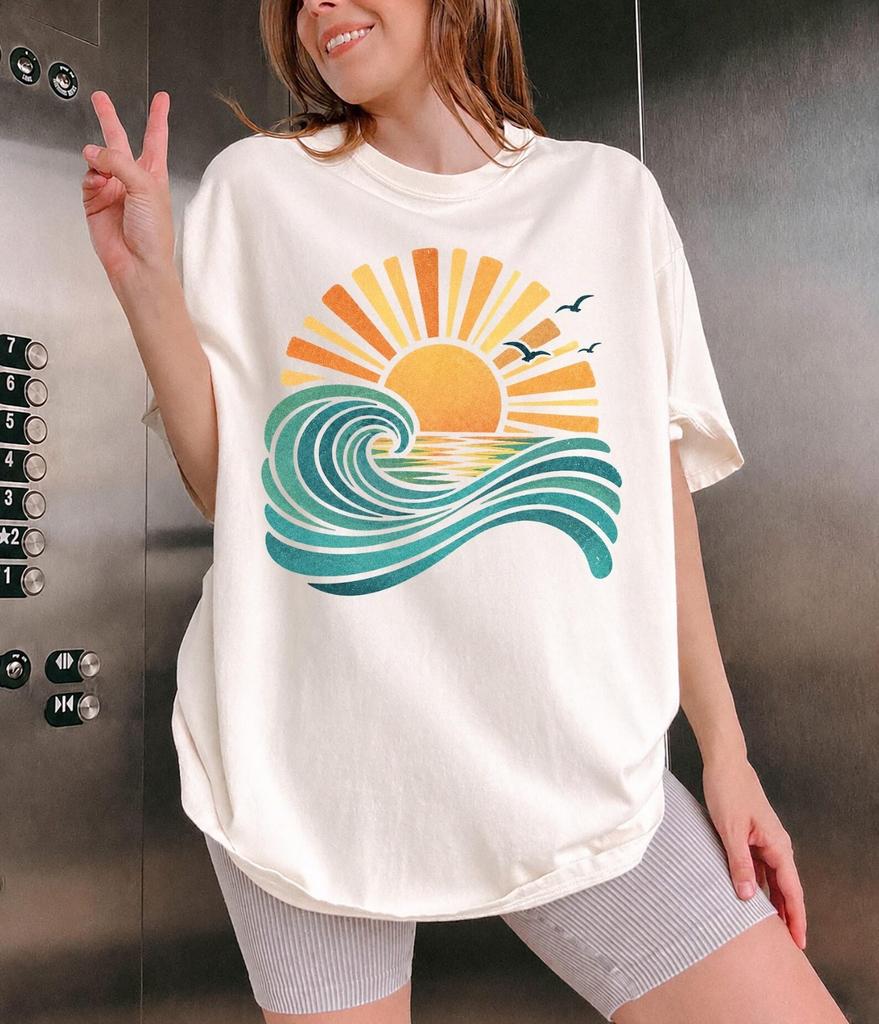 Ocean Sunset T-Shirt Beach Waves Birds Tee Summer Coastal Nature Gift