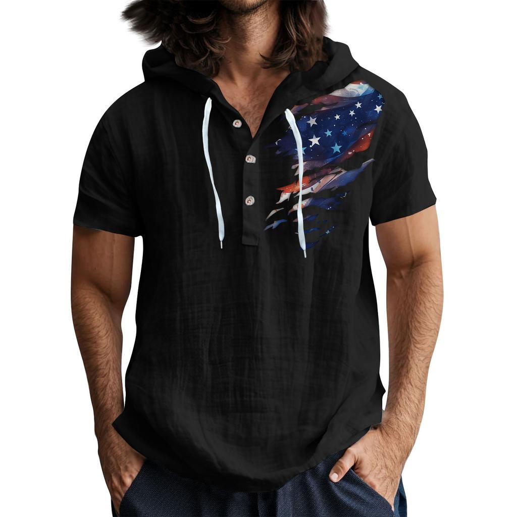 Мужская повседневная футболка с короткими рукавами, капюшоном и открытым воротом на пуговицах