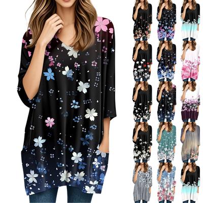 Женские топы с V-образным вырезом и рукавом 3/4 Блузки Повседневные рубашки средней длины Модные принты Туники Топы с карманами