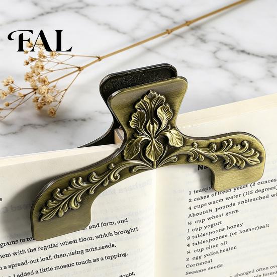 Book Page Holder for Reading Vintage Metal Holder, with Floral Pattern Design, Hands Free Rustic Desk Decor Readers Clip, Durable Zinc Alloy Spreader,