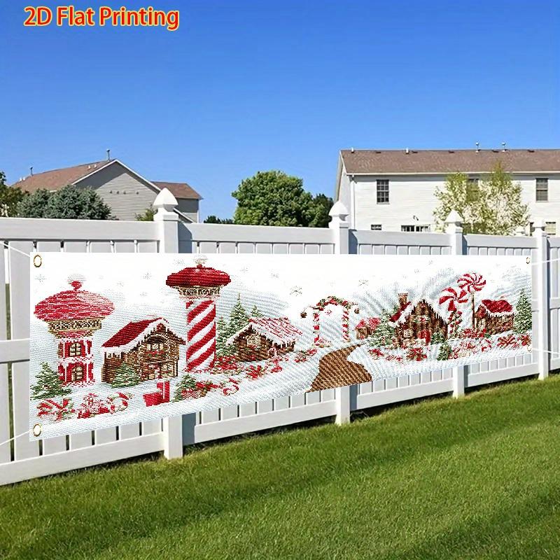 Winter Christmas Fence Banner, Gingerbread House & Candy Pattern, Polyester Outdoor Lawn Wall Festival Decoration