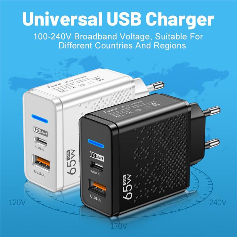 PD 65W Fast Charging Charger Quick Charge 3.0 Phone Charger Adapter Type C Fast Charging Wall Adapter