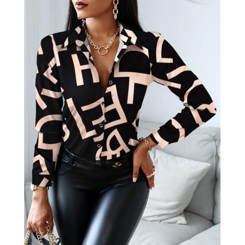 Women's Autumn Long Sleeved V-neck Color Blocked Retro Style Shirt, Loose and Elegant Casual Top