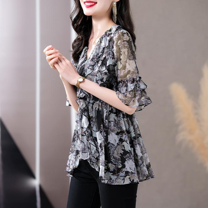 Loose French Style Black Shirt for Women, Oversized Chiffon Blouse Spring Summer Mom V-Neck Top