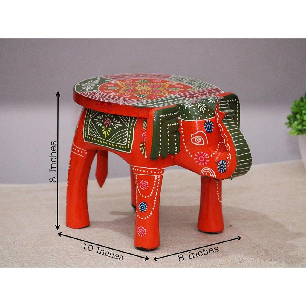 Handcrafted and Hand-Painted Colorful Wooden Elephant Stool/Side Table for Home/Office/Living or Bedroom Decor (Orange & Green)