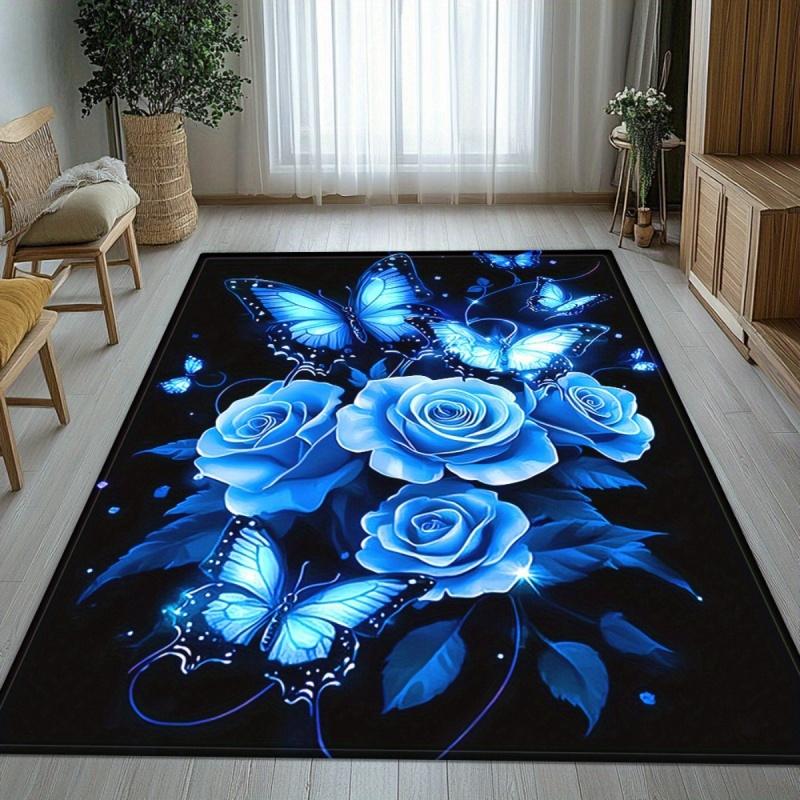 Glowing Blue Rose Butterfly Sparkle Star Dark Print Large Area Rug Soft Flannel Non Slip Floor Carpet for Living Room Home Decor