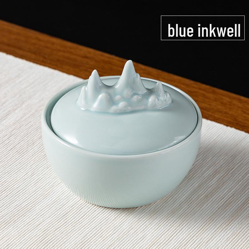 Чернильница из селадоновой керамики Килн Жу: Чернильница с двойным кругом и крышкой, Антивысыхающая чернильница для каллиграфии, Антикварная чернильница.