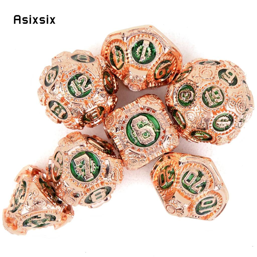 7 Pcs Orange Green Gear Wheel Metal Dice Solid Metal Polyhedral Dice Set Suitable for Role-Playing RPG  Board Game Card Game
