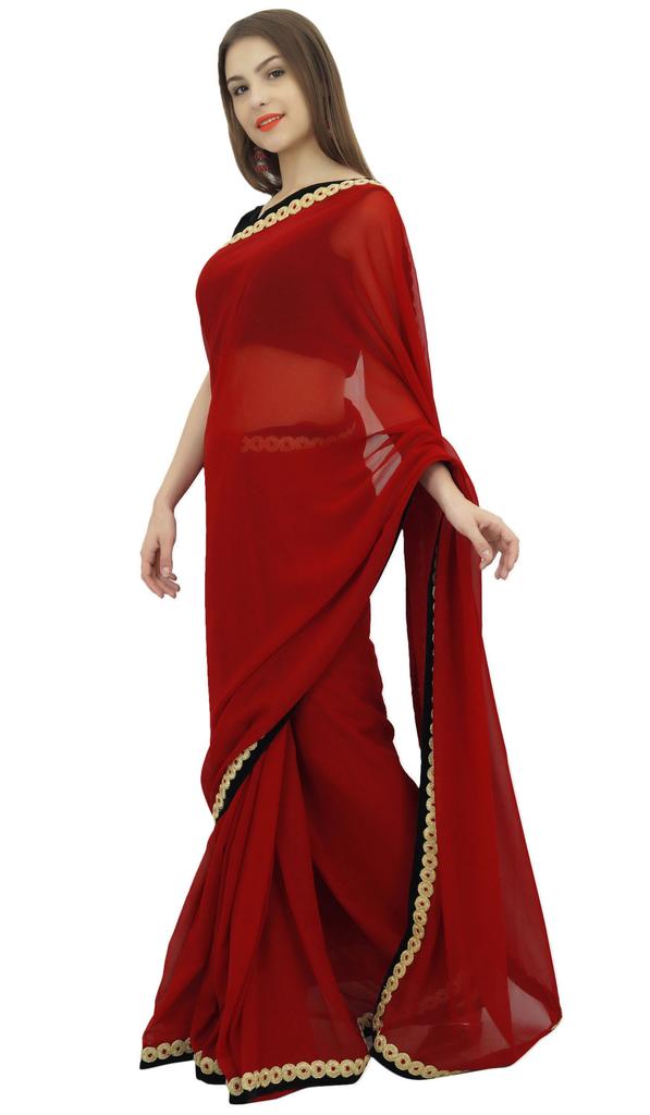 Atasi Indian Women's Sari Solid Maroon Georgette Saree With Blouse Piece