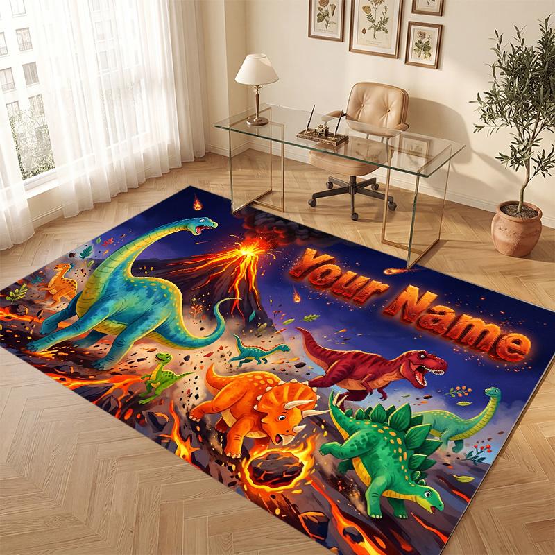 Dinosaur Theme Soft Crystal Velvet Rug Custom Name & Text Print Non Slip Floor Rug for Bedroom Living Room