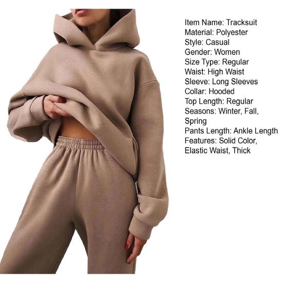 Зимний спортивный костюм из 2 шт./компл., однотонный свободный пуловер с капюшоном, толстые, сохраняющие тепло, топ с эластичной резинкой на талии, спортивные штаны с ремешками на щиколотке