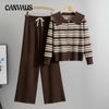 Women's New Fashion Autumn Striped Sweater Wide Leg Pants Knit Two Piece Set