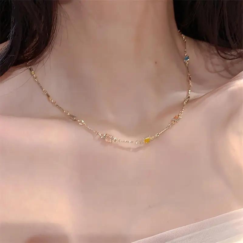 Good Square and Minimalist Fashion Fine Clavicle Chain Colored Stone Women's Light Luxury Gifts Women Necklace Wear Daily Accessorize