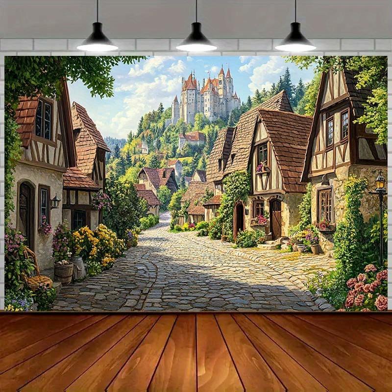 A charming medieval village street backdrop with lush greenery and a distant castle - a fairy tale theme background fabric