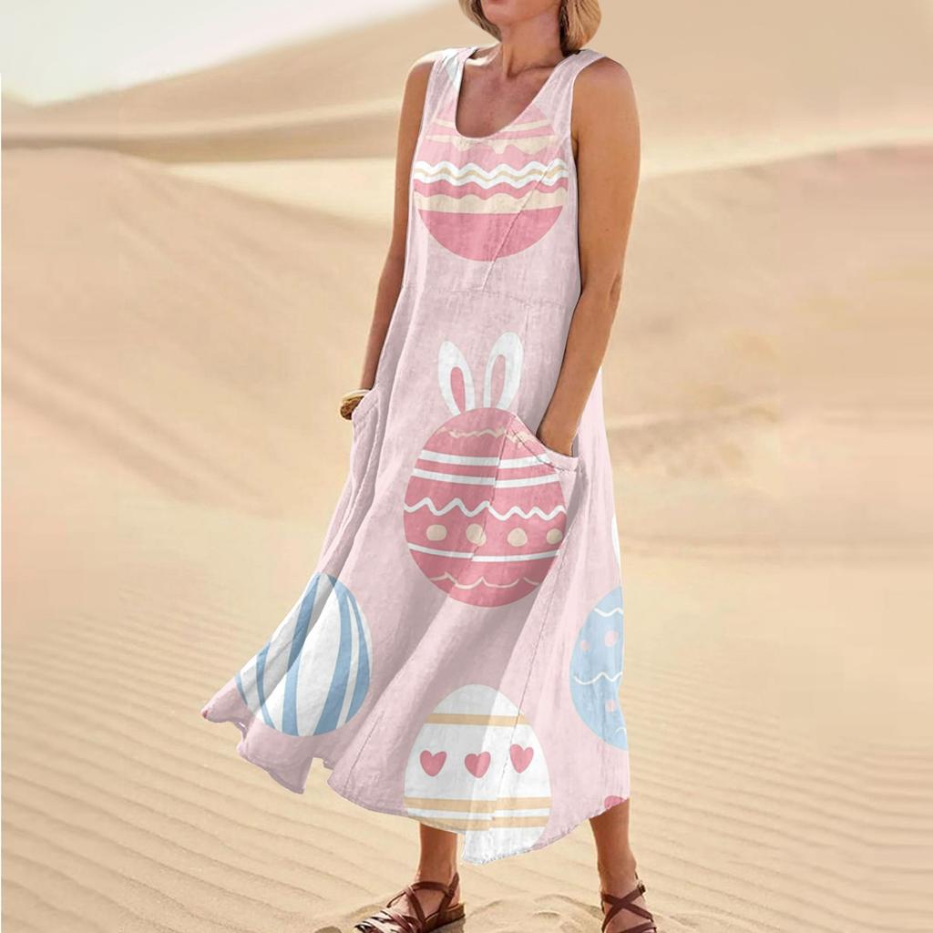 Women's Summer Casual Fashion Easter Printed Sleeveless Round Neck Pocket Dress