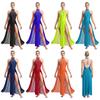 Womens Lyrical Dance Dress Performance Costume Keyhole Back Sleeveless Rhinestones Split Maxi Dress Figure Ice Skating Dancewear