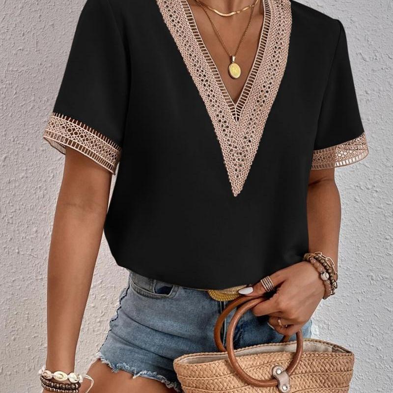 Women's V Neck Blouse Short Sleeve Lace Trim Loose Fit Casual Summer Top
