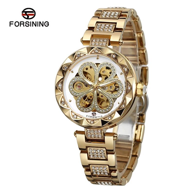 Forsining Elegant Fashion Women Automatic Mechanical Watches Luxury Diamond Stainless Steel Waterproof Ladies Stylish Wristwatch