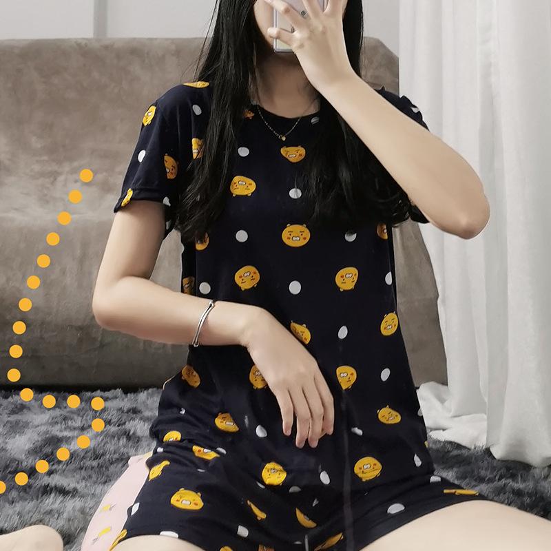 Женский летний пижамный комплект: Круглый вырез, Короткий рукав, Мультяшный принт, Омолаживающая домашняя одежда