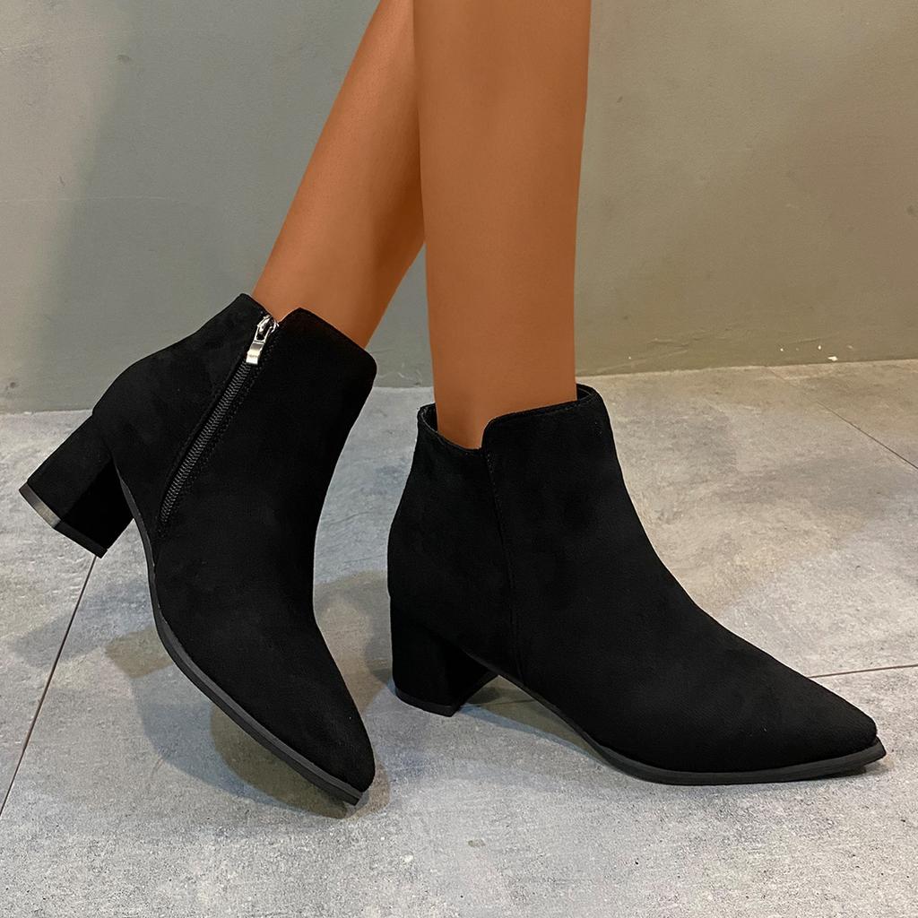 European and American Fashion Boots Women's 2024 Autumn Winter New Pointed Suede Side Zipper Mid Heel Short Boots Zapatos Mujer