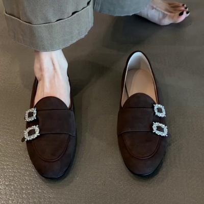 Версия из овчины~ ретро простые туфли-лоферы с квадратной пряжкой со стразами, женская новая мода 2025 года, не утомляют, лоферы на одной педали