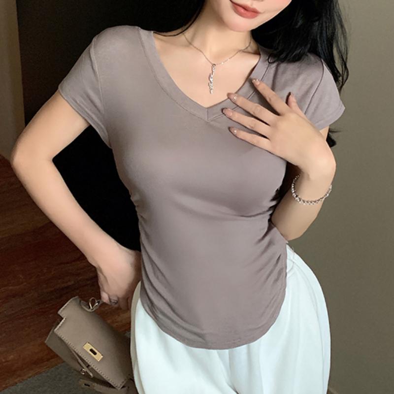 Summer New Slim Fit V-neck Short Sleeve T-shirt for Women Fashion Cotton White Casual T Shirt Female Elegant Vintage Simple Woman Tee Tops 24383