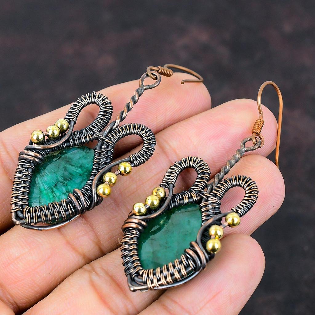Граненые серьги с замбийским изумрудом, медная проволока, серьги ручной работы, антикварные ювелирные изделия, серьги с драгоценными камнями, свадебный подарок, медная проволока, ювелирные изделия