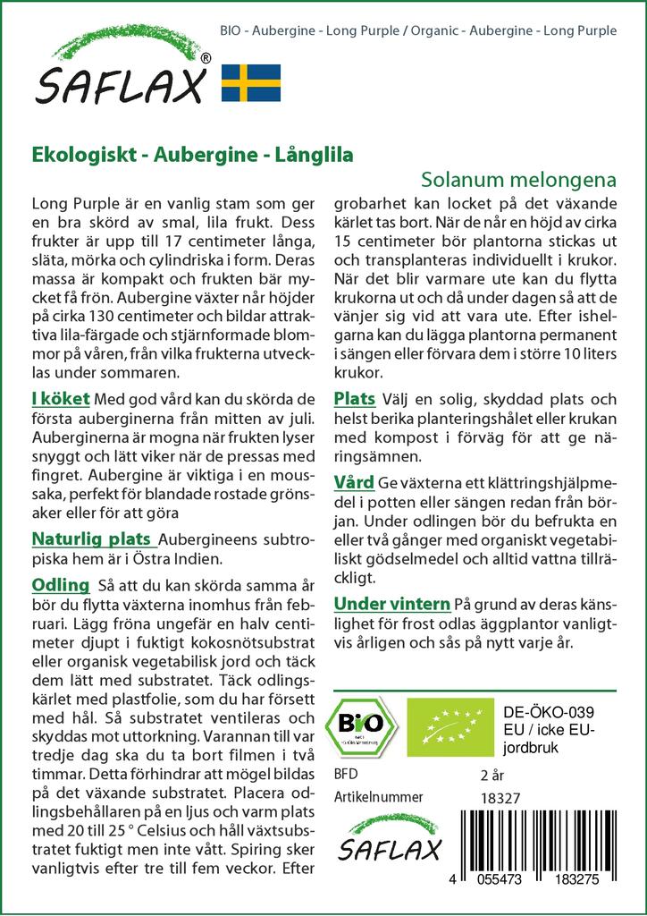 SAFLAX Сад в сумке - Органический - Баклажан - Длинный фиолетовый - 20 семян - С субстратом в подходящем стоячем мешке - Solanum melongena