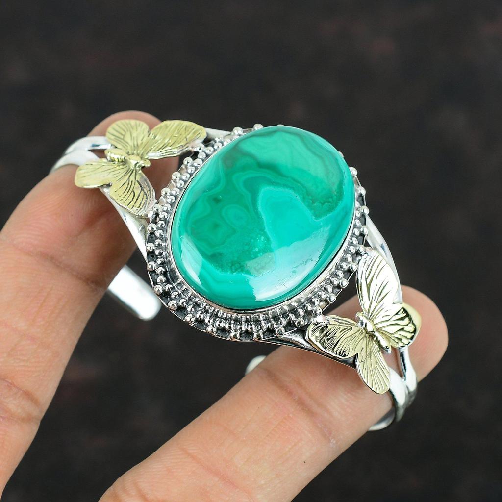 Malachite Bangle 925 Sterling Silver Cuff Bracelet 18K Gold Plated Bangle Butterfly Jewelry Gemstone Adjustable Cuff Bracelet Gifts For Wife