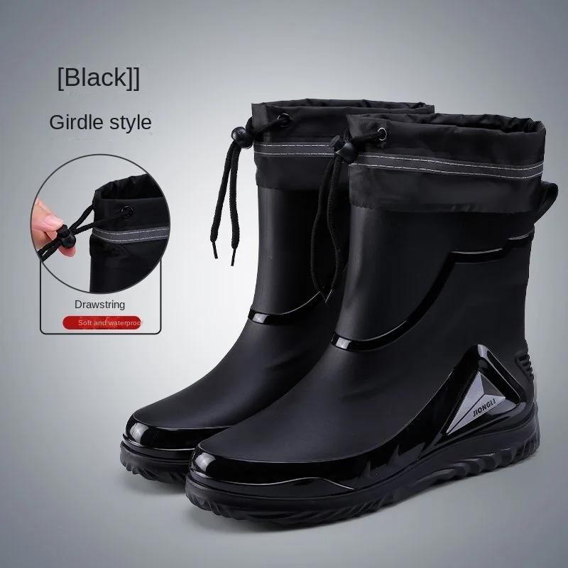Fashion Rain Shoes Men's Short Anti Slip Mid Tube Rain Boots Short Water Shoes with Velvet Work Shoes