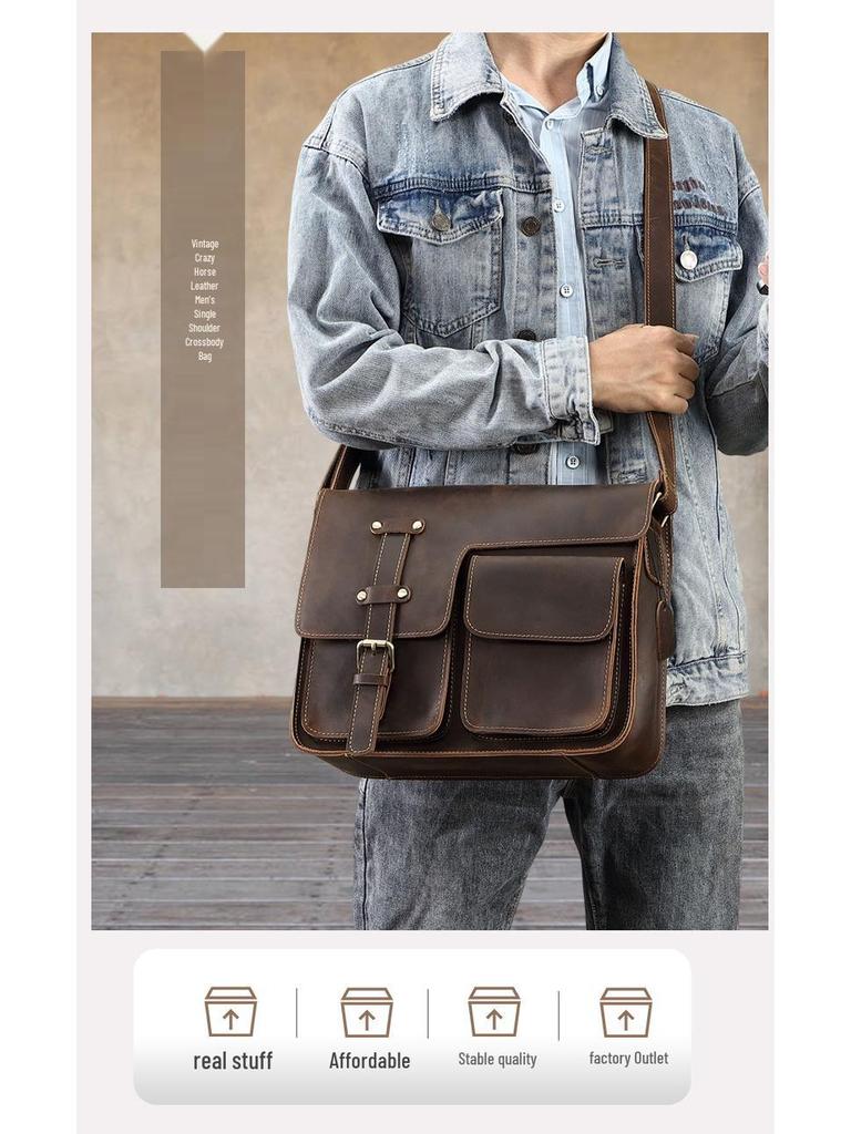 Men's Crazy Horse Leather Crossbody Bag - Genuine Leather Messenger & Multifunctional Computer Briefcase
