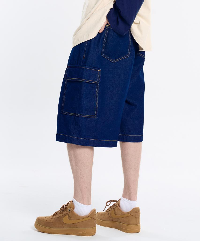 CONTROBANAL3 Raw Denim Wide Cargo Shorts [Indigo]