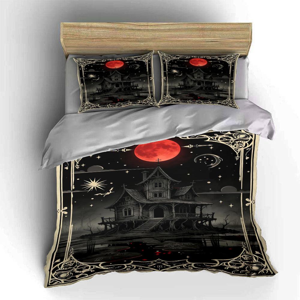 Haunted house, red moon. Bedding sets Duvet cover sets Duvet covers Pillowcases(1 * Duvet Cover 2 * Pillowcases without duvet insert)