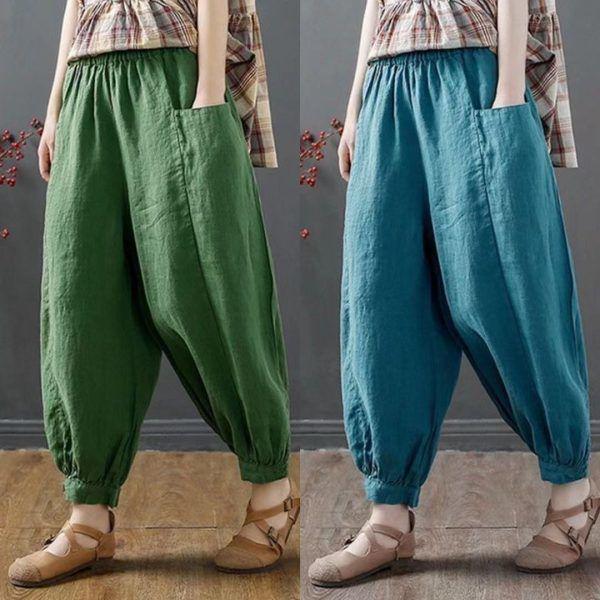 Women's Summer 100% Cotton Linen Lantern Pants - Casual, Loose, Nine-Point, Tie-Cuff Harem Style