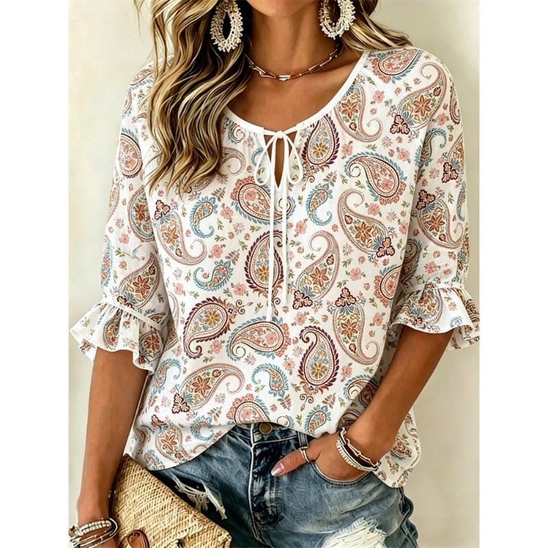 Women's Blue Beige Paisley Print Tie Neck Blouse