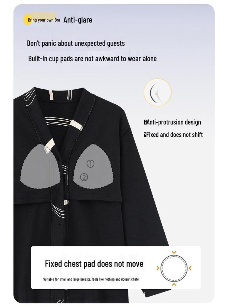 Женский пижамный комплект из хлопка с ретро-принтом - Кардиган с V-образным вырезом, Свободный крой, Удобный корейский стиль, Весна/Осень.