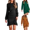 Dresses for Women Long Sleeve Neck Ruched Ruffle Hem Spring Casual Dress