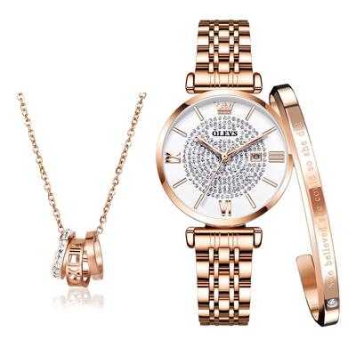 Наручные кварцевые простые нержавеющая сталь подарок на день для женщин OLEVS подарочный набор женские часы, браслет, ожерелье, бренд, милый, стильный,