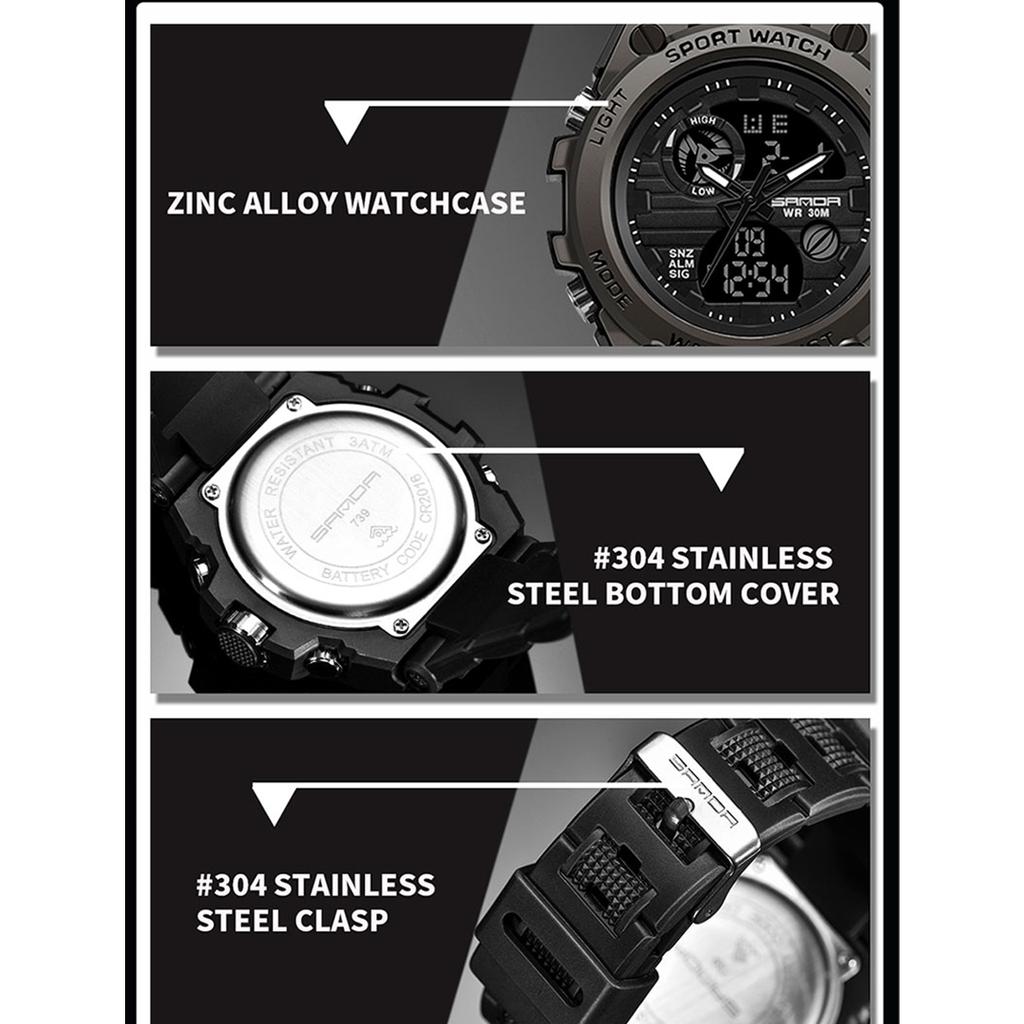 SANDA Модные многофункциональные специальные солдатские часы, мужские водонепроницаемые ночные часы с двойным шоу, фэнтезийные спортивные электронные часы