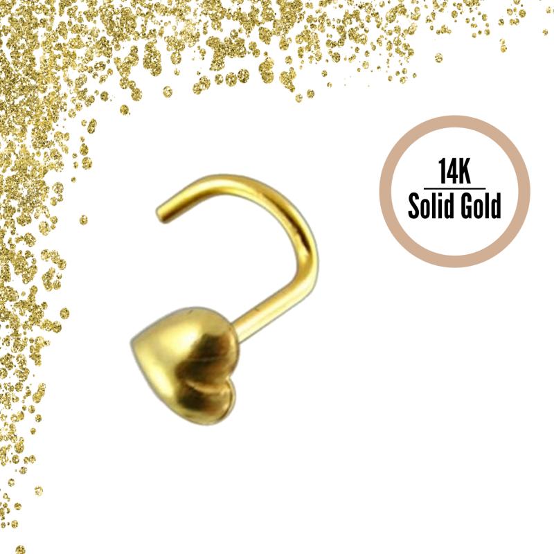 KODY PIERCING Пирсинг из цельного золота 14 карат с носовым винтом в виде сердечка - качественный пирсинг