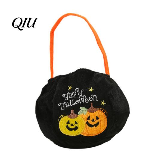 Sturdy Halloween Treat Holder Trick or Bucket, 9.8x5.9 Inch Pumpkin Witch Black Cat Plush Embroidered Bag Tote Bag, Soft Candy Basket with Handle for