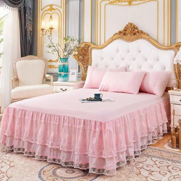 Юбка-кровать для спальни, нескользящий наматрасник, 3-слойная юбка-кровать, кружевная юбка с рюшами, простыня, покрывало