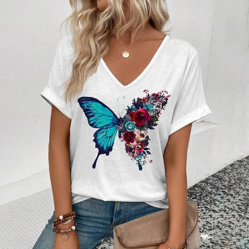 Summer Women T-shirt Butterfly Pattern V-Neck Tops Tees Female Fashion Trend Short Sleeve Clothing Ladies Daily Casual Outfit