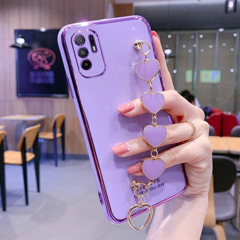 Luxury Love Heart Wrist Chain Phone Case For Xiaomi Redmi Note 10 10S 5G 10T 9 9S 9T 8 8T 7 Pro 9A 9C 8A 7A Plating Bumper Cover
