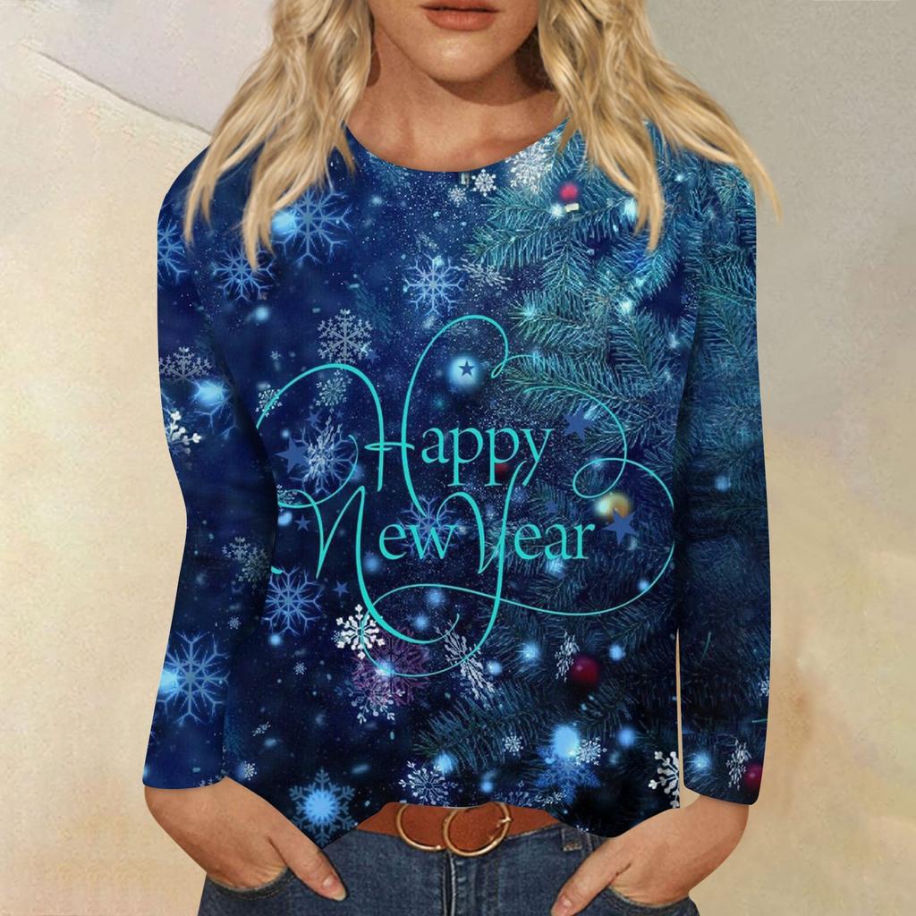 Женская осенне-зимняя футболка с круглым вырезом и длинными рукавами, топ с принтом на Новый год 2024