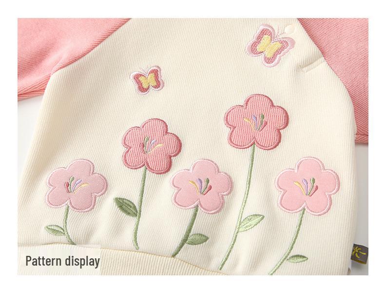 2025 Autumn Pink Floral Girls' Long Sleeve Sweatshirt & Joggers Two-Piece Set