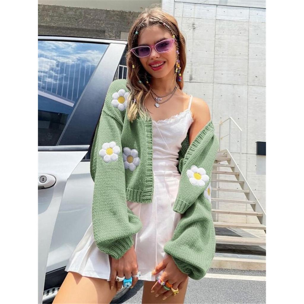 Осенний вязаный кардиган с цветочной вышивкой, женский свитер с цветочным узором, кардиган с рукавами-фонариками, модный джемпер, пальто, верхняя одежда