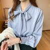 Brand Women White and Blue Blouse Stand Bow Casual Spring Autumn Tops Button Long Sleeve Chiffon Shirts Blusas Femme Loose Shirts