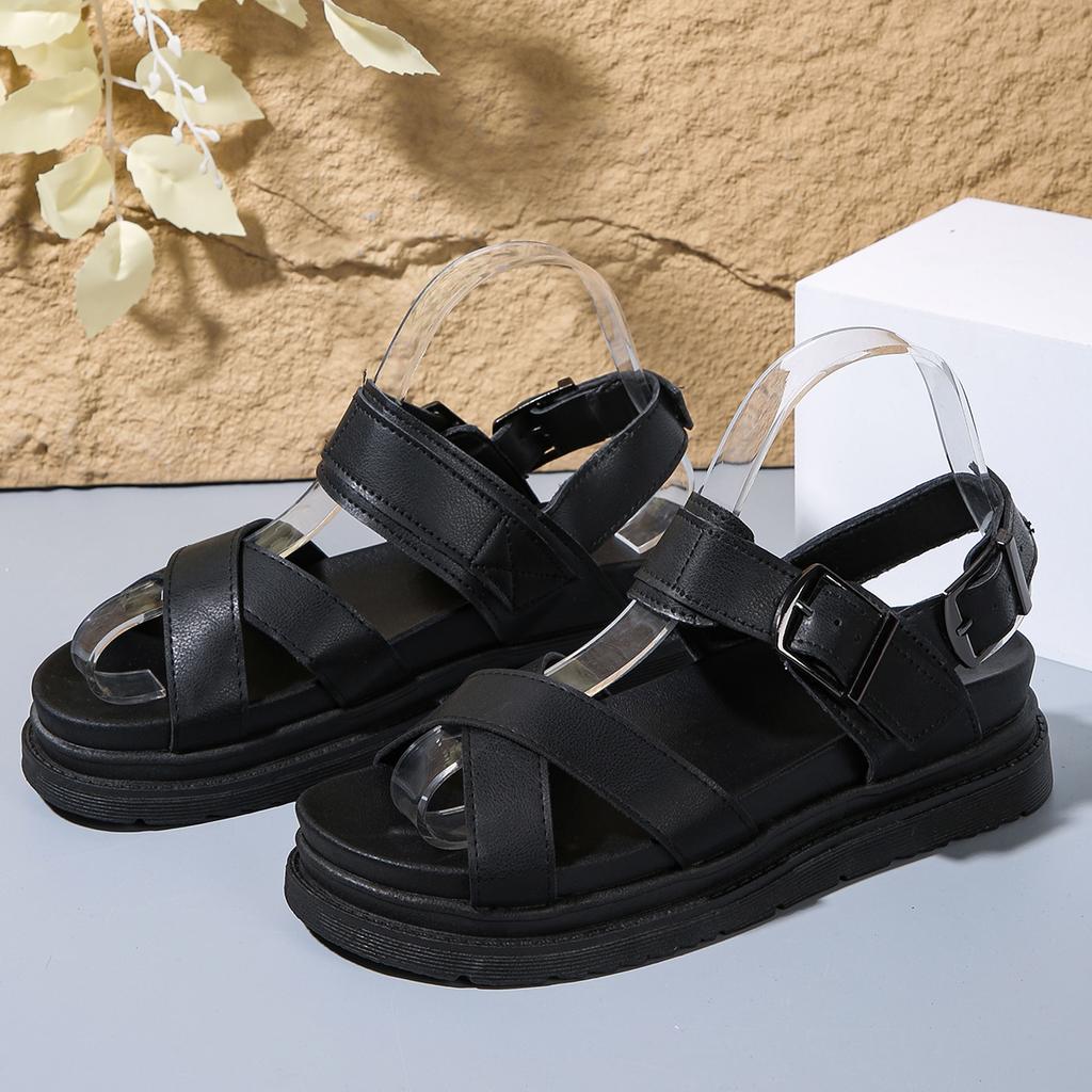 PU Leather Platform Sandals for Women 2025 Summer Comfy Non Slip Beach Shoes Woman Thick Sole Buckle Strap Black Sandalias Mujer
